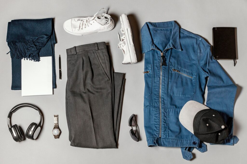 A flat lay of men's fashion and accessories, including a blue mechanic-style jacket, dark trousers, white trainers, scarf, headphones, wristwatch, cap, notebook, and a pen, neatly arranged on a grey background.