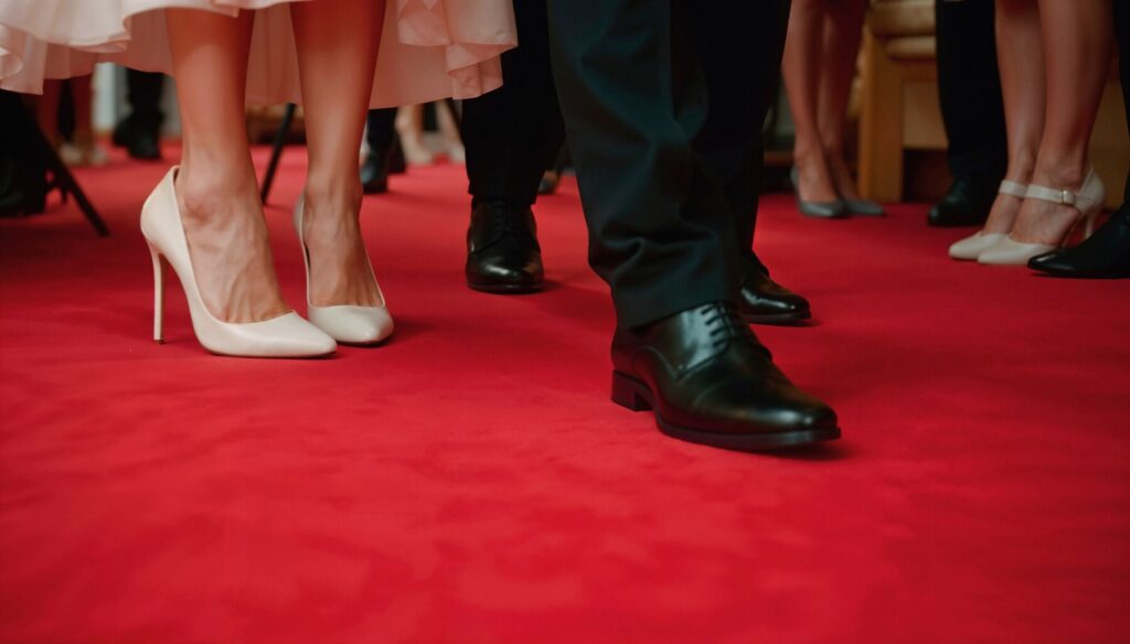 Close-up of elegantly dressed feet on a red carpet, featuring a pair of white high heels and a man's polished black shoes.