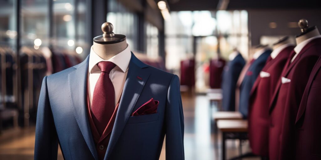 "Mannequin dressed in a stylish blue suit with a red tie and handkerchief displayed in a high-end clothing store, with more suits in the background."