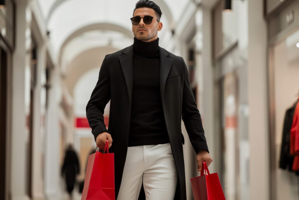 A stylish individual carries two red shopping bags in a bright, elegant indoor shopping area, showcasing modern retail architecture.