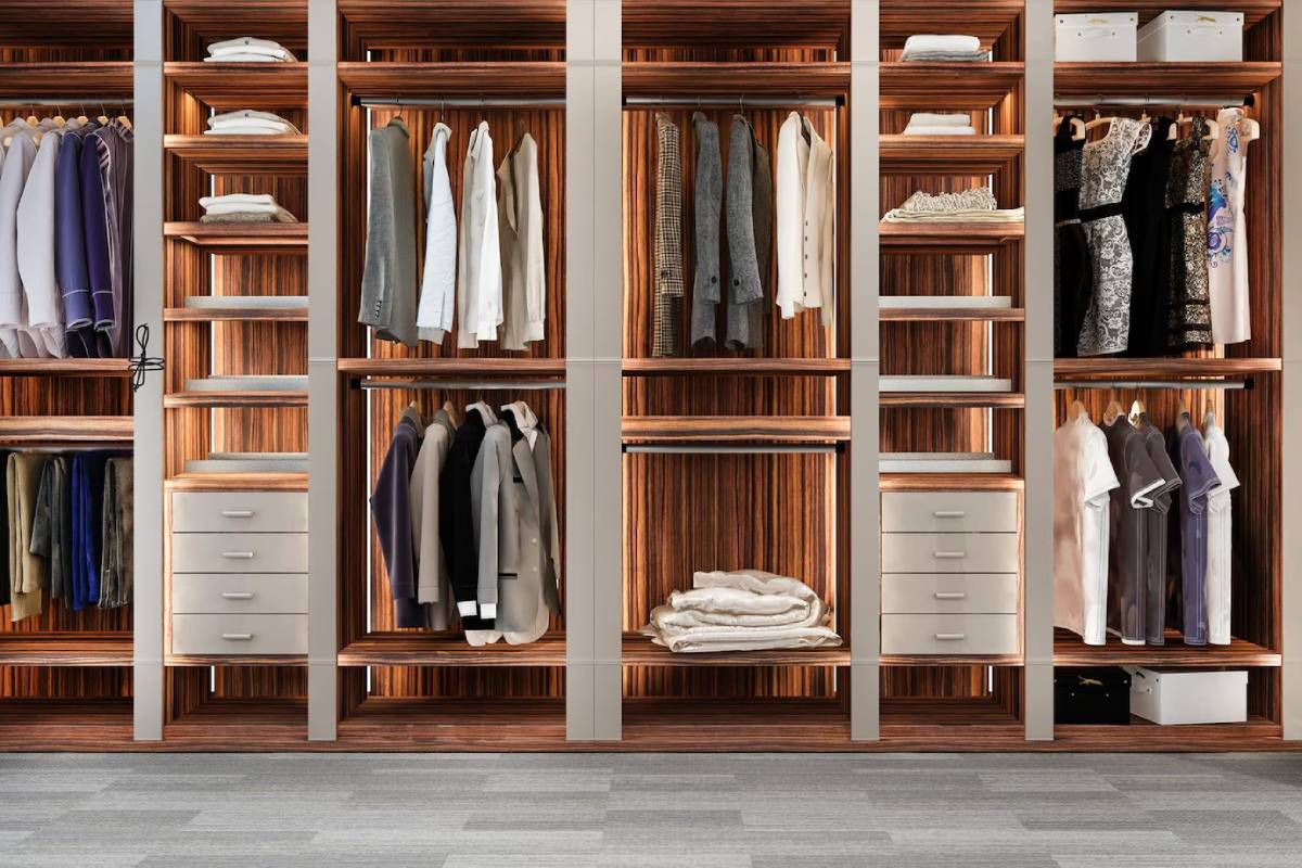 A spacious wooden wardrobe with neatly organised clothing, drawers, and shelves.