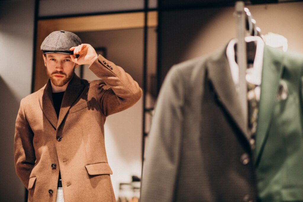 A man wearing a hat examines a suit, showcasing a thoughtful expression as he considers his outfit choice.